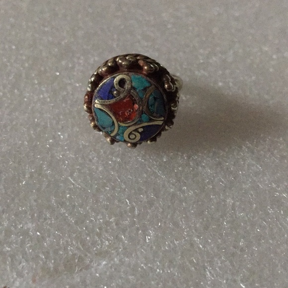 Vintage boho inlay turquoise coral ring - Picture 3 of 6